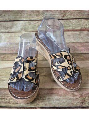 Sam Edelman Sandals Size 8 Leopard Calf Hair Leather Cork Platform Wedge Shoes